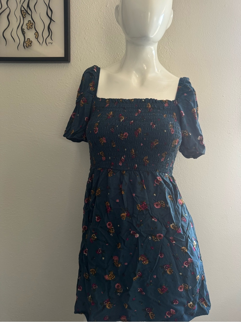 Maurices Teal Blue Floral Smocked Square-Neck Dress